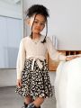 SHEIN Kids Cooltwn Girls Fashionable Street Knitted Round Neck Patchwork Floral Long-sleeved Dress