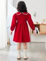 SHEIN Kids Nujoom Young Girl Contrast Binding Button Front Lantern Sleeve Dress