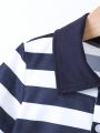 SHEIN Kids SPRTY Toddler Boys' Sporty Striped Collared Short Sleeve Polo Shirt With Letter Embroidery For Summer