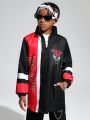 SHEIN Kids Cooltwn Boys' Casual Thick Jacquard Jacket With Letter Print And Contrast Color Sleeves