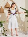 SHEIN Teen Girl's Woven Color Block Embroidery Collar Layered Contrast Ruffle Sleeve Belted Dress