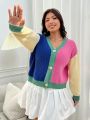 SHEIN Qutie Plus Size Color Block Drop Shoulder Open Front Cardigan