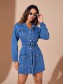 SHEIN BAE Women's Belted Denim Shirt Dress