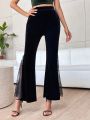 SHEIN Privé Contrast Lace Flare Leg Velvet Pants