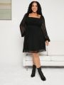 SHEIN CURVE+ Plus Size Mesh Splice Lantern Sleeve Square Neckline Dress