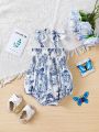 Baby Girl Flower Print Bodysuit With Ruffle Straps And Bowknot Detail For Summer