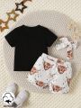 SHEIN Baby Girl 2-Piece Casual Retro Versatile Daily Cute And Fun Cow Pattern Short-Sleeved T-Shirt And Shorts Set Including Headband, Suitable For Spring And Summer Outings