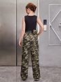 SHEIN Girls' Knitted Letter Printed Vest With Diagonal Pockets & Camouflage Pants & 1pc Waist Bag