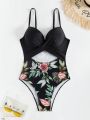 Tropical Printed Patchwork Hollow Out One Piece Swimsuit