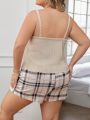 Plus Size Women'S Casual Ribbed Camisole Vest And Plaid Shorts Set