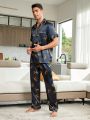 Men 1pc Leopard Print Contrast Piping Satin Shirt & 1pc Pants PJ Set