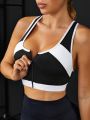 Two Tone Zip Up Crisscross Back Sports Bra