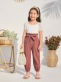 SHEIN Kids KDOMO Girls' Loose Fit Casual Solid Color Jogger Pants With Paper Bag Waist And Cuffs