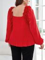 SHEIN Privé Plus Size Women's Elegant Ruffle Hem Pleated Red New Year Blouse