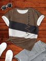 Plus Size Women'S Color Block Round Neck T-Shirt