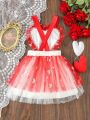 SHEIN Kids QTFun Young Girl'S Cute Heart-Shaped Mesh Patchwork Sleeveless Dress For Spring/Summer