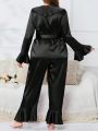 Women's Plus Size Black Satin Pajama Set With Lace Trimmed Neckline