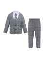 Baby Boys' Turn-down Collar Checked Suit Jacket, Pants, Solid Color Shirt And Bow Tie Set