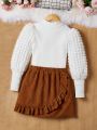 SHEIN Teen Girl Mock Neck Lantern Sleeve Tee & Ruffle Trim Cord Skirt