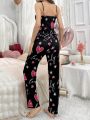 Heart & Letter & Rhinestone Patterned Cami And Pants Pajama Set