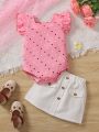 Baby Girl Polka Dot Print Square Neck Romper And Shorts Fashionable Sweet Woven Outfit