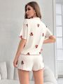 Women's Cherry Printed Colorblock Trimmed Pajama Set