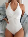 SHEIN Swim Chicsea Women'S Cross-Waist Halterneck Monokini Swimsuit