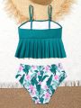 Teenage Girls' Tropical Print Splice Halterneck Bikini Top & Vest Style Bottom Set