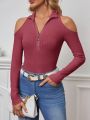 SHEIN Essnce Solid Half Zip Cold Shoulder Tee