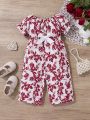 SHEIN Baby Girl Casual Butterfly Bowknot & Botanical Print Short Sleeve Romper