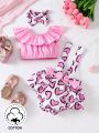 SHEIN 3pcs Baby Girls' Casual Heart Pattern Printed Overalls, Ruffled Top And Bow Headband, Suitable For Spring Or Summer Outing