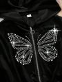 Teen Girls' Knitted Velvet Butterfly Embellished Hoodie And Jogger Pants Set, Winter