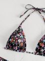 Little Floral Print Halter Swimsuit Set With Lace Detailing