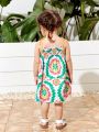 SHEIN Baby Girl Summer Holiday Floral Print Patchwork Spaghetti Strap Dress