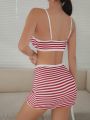 DAZY Ribbed Knit Striped Bikini Swimwear Set + Swim Skirt