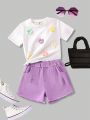 SHEIN Kids SUNSHNE Young Girls' Stylish And Cute 3d Flower Short Sleeve T-Shirt And Washed Denim Shorts 2pcs/Set