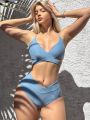 SHEIN Swim Vcay Solid Bikini Set Crisscross Tie Back Bra & Overlap High Waisted Bottom 2 Piece Bathing Suit