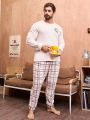 Men'S Bear Patterned Top And Plaid Pants Homewear Set