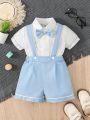 Baby Boy Bow Front Shirt & Suspender Shorts