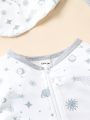 SHEIN Newborn Baby Boys' Universe Elements Printed Romper With Hat, Bib, And Gift Set For Spring And Summer Comfortable And Cute