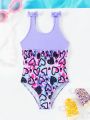 Young Girls' One Piece Swimsuit With Heart Print And Bow Decoration