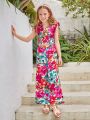 SHEIN Kids SUNSHNE Tween Girl Floral Print Ruffle Trim Top & Wide Leg Pants