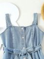 Tween Girls' Casual Belted Denim Jumpsuit Dress With Suspender Strap