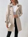 SHEIN Frenchy Women's Solid Color Lapel Double-breasted Wool Coat With Waist Belt