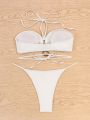 SHEIN Swim SXY Solid Bikini Set Ring Linked Halter Bra & Thong Bottom 2 Piece Bathing Suit