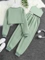 Teenage Girls' Solid Color Cropped Top With Suspender And Pants Set