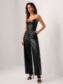 Mathilde Lhomme Solid PU Leather Tube Jumpsuit Without Choker