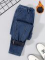 SHEIN Boys' Casual Water-washed Blue Denim Pants For Youth