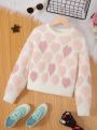 SHEIN Tween Girls Heart Pattern Fuzzy Tissue Sweater