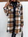 Women's Plaid Flap Pocket Long Sleeve Woolen Coat